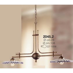 2045.2 BILANCIERE 2 LUCI RUSTICO CON DIFFUSORI PLISSE IN TERRACOTTA BIANCA LUCIDA DECORATA MADE IN ITALY CRISTALENSI CERAMICA -