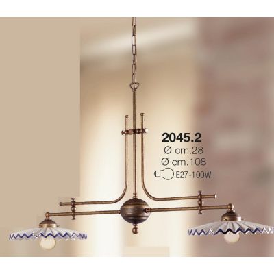 2045.2 BILANCIERE 2 LUCI RUSTICO CON DIFFUSORI PLISSE IN TERRACOTTA BIANCA LUCIDA DECORATA MADE IN ITALY CRISTALENSI CERAMICA -