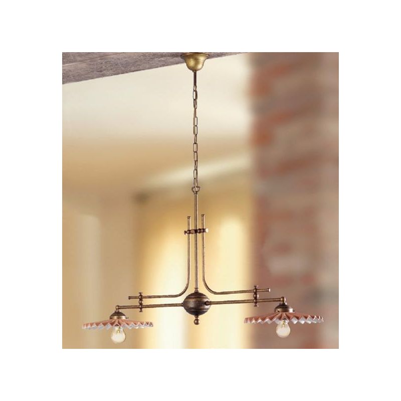 2046.2 BILANCIERE 2 LUCI RUSTICO CON DIFFUSORI PLISSE IN TERRACOTTA CON INTERNO SMALTATO DI BIANCO MADE IN ITALY CRISTALENSI CER