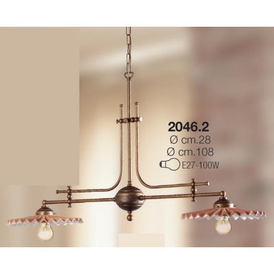 2046.2 BILANCIERE 2 LUCI RUSTICO CON DIFFUSORI PLISSE IN TERRACOTTA CON INTERNO SMALTATO DI BIANCO MADE IN ITALY CRISTALENSI CER