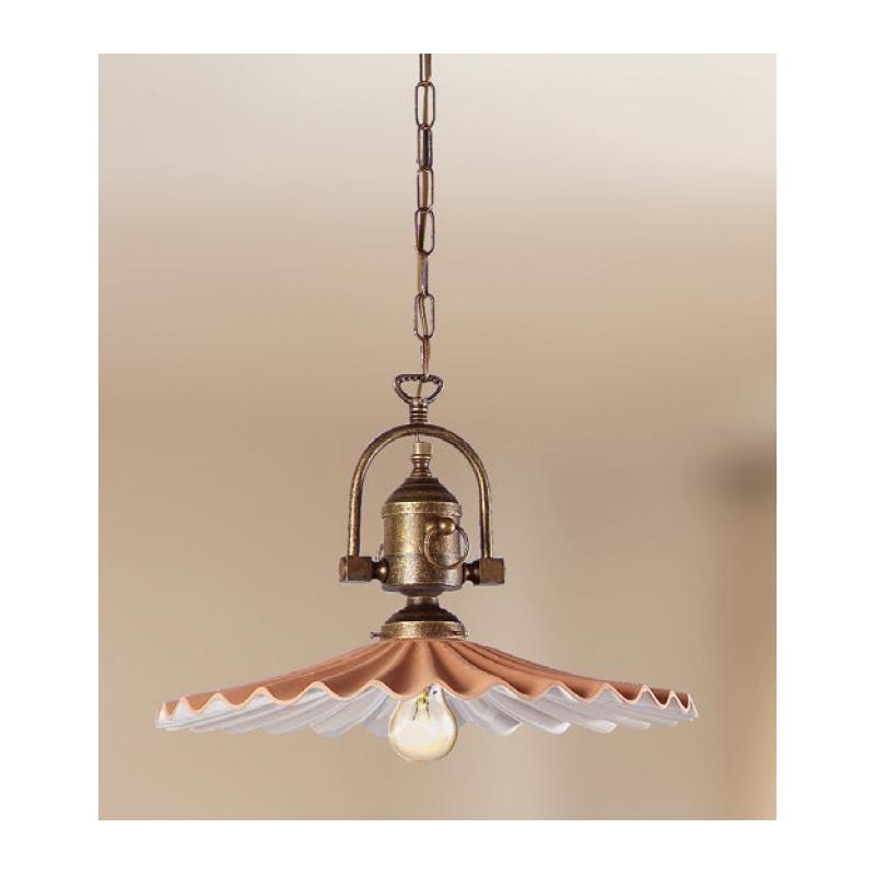2046.1 SOSPENSIONE SINGOLA RUSTICA CON DIFFUSORE PLISSE IN TERRACOTTA CON INTERNO SMALTATO DI BIANCO MADE IN ITALY CRISTALENSI C