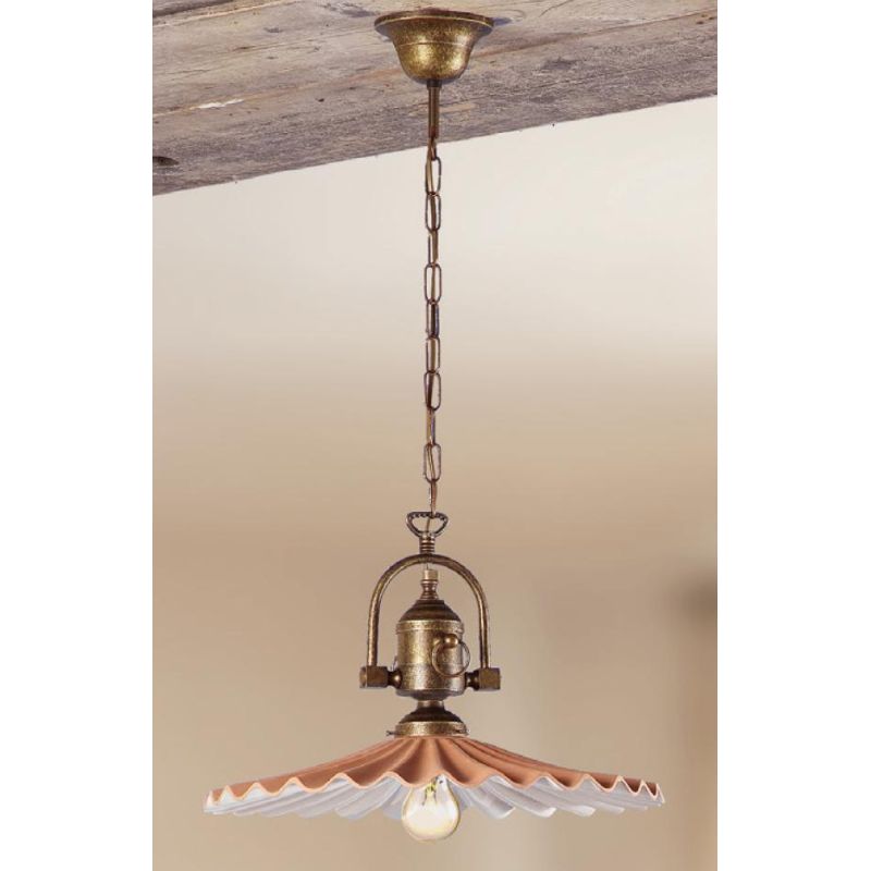 2046.1 SOSPENSIONE SINGOLA RUSTICA CON DIFFUSORE PLISSE IN TERRACOTTA CON INTERNO SMALTATO DI BIANCO MADE IN ITALY CRISTALENSI C