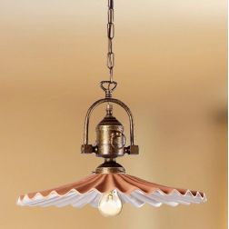2046.1 SOSPENSIONE SINGOLA RUSTICA CON DIFFUSORE PLISSE IN TERRACOTTA CON INTERNO SMALTATO DI BIANCO MADE IN ITALY CRISTALENSI C 2