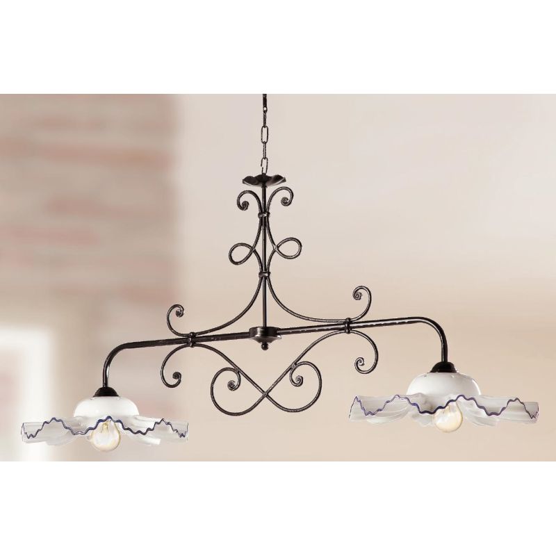 2198.2 BILANCIERE 2 LUCI IN METALLO NERO ANTICATO CON DIFFUSORI IN TERRACOTTA BIANCA DECORATA MADE IN ITALY CRISTALENSI CERAMICA