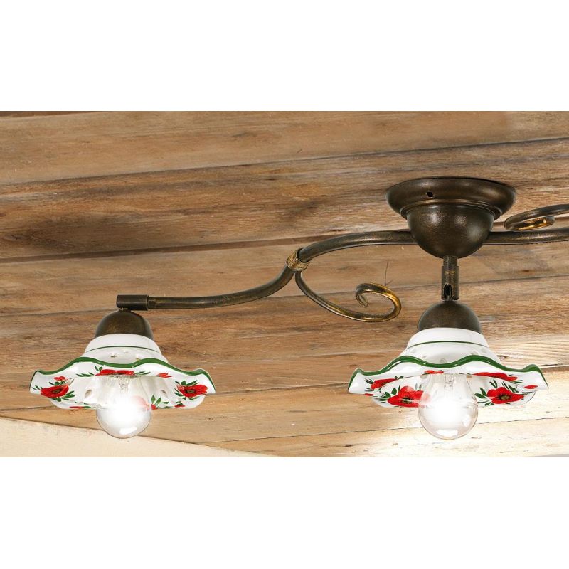 2214.3 PLAFONIERA 3 LUCI METALLO FINITURA RUGGINE CON DIFFUSORI IN TERRACOTTA DECORATA CON TULIPANI ROSSI MADE IN ITALY CRISTALE