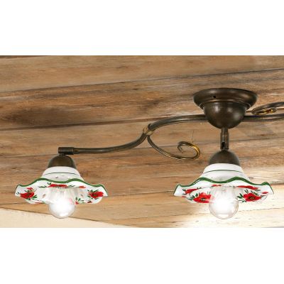 2214.3 PLAFONIERA 3 LUCI METALLO FINITURA RUGGINE CON DIFFUSORI IN TERRACOTTA DECORATA CON TULIPANI ROSSI MADE IN ITALY CRISTALE
