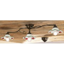 2214.3 PLAFONIERA 3 LUCI METALLO FINITURA RUGGINE CON DIFFUSORI IN TERRACOTTA DECORATA CON TULIPANI ROSSI MADE IN ITALY CRISTALE