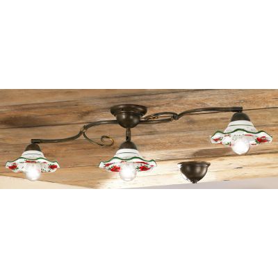 2214.3 PLAFONIERA 3 LUCI METALLO FINITURA RUGGINE CON DIFFUSORI IN TERRACOTTA DECORATA CON TULIPANI ROSSI MADE IN ITALY CRISTALE