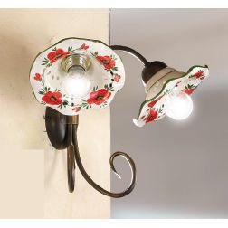 2214.A2 APPLIQUE 2 LUCI IN METALLO FINITURA RUGGINE CON DIFFUSORI IN TERRACOTTA DECORATA CON TULIPANI ROSSI MADE IN ITALY CRISTA