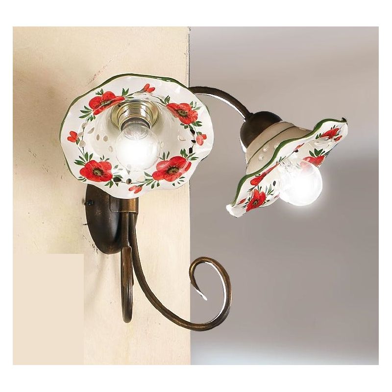 2214.A2 APPLIQUE 2 LUCI IN METALLO FINITURA RUGGINE CON DIFFUSORI IN TERRACOTTA DECORATA CON TULIPANI ROSSI MADE IN ITALY CRISTA