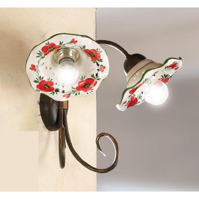 2214.A2 APPLIQUE 2 LUCI IN METALLO FINITURA RUGGINE CON DIFFUSORI IN TERRACOTTA DECORATA CON TULIPANI ROSSI MADE IN ITALY CRISTA
