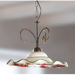 2214.1 SOSPENSIONE SINGOLA D40 CM IN METALLO RUGGINE CON DIFFUSORE IN TERRACOTTA DECORATA CON TULIPANI ROSSI MADE IN ITALY CRIST