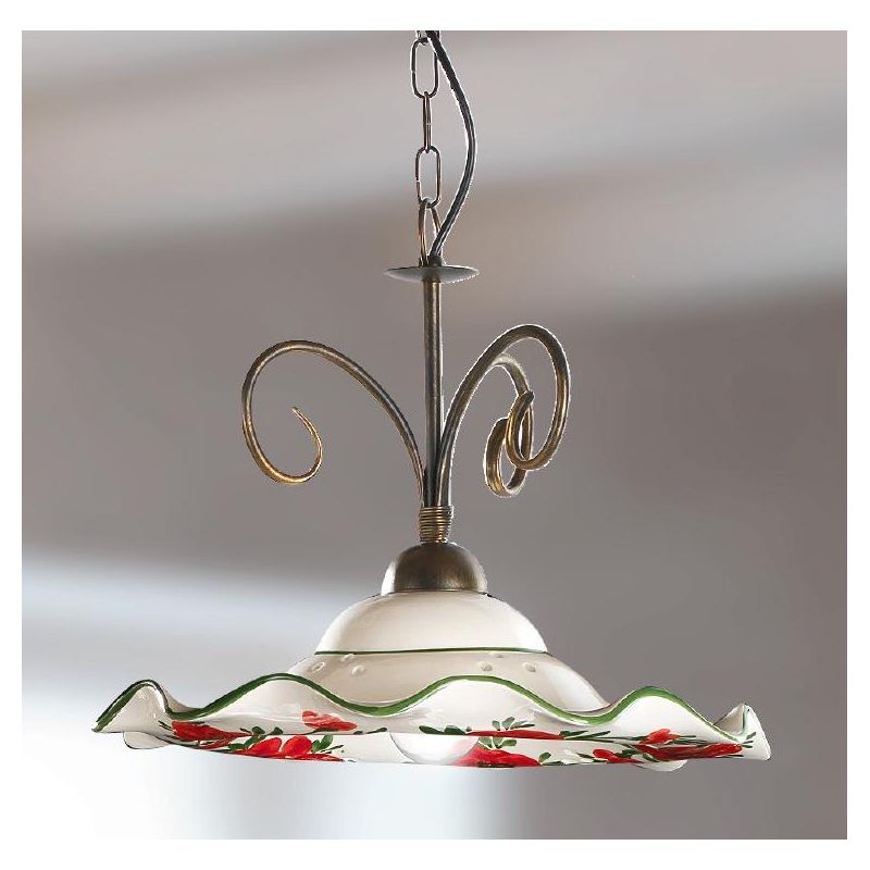 2214.1 SOSPENSIONE SINGOLA D40 CM IN METALLO RUGGINE CON DIFFUSORE IN TERRACOTTA DECORATA CON TULIPANI ROSSI MADE IN ITALY CRIST