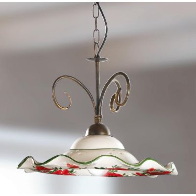 2214.1 SOSPENSIONE SINGOLA D40 CM IN METALLO RUGGINE CON DIFFUSORE IN TERRACOTTA DECORATA CON TULIPANI ROSSI MADE IN ITALY CRIST