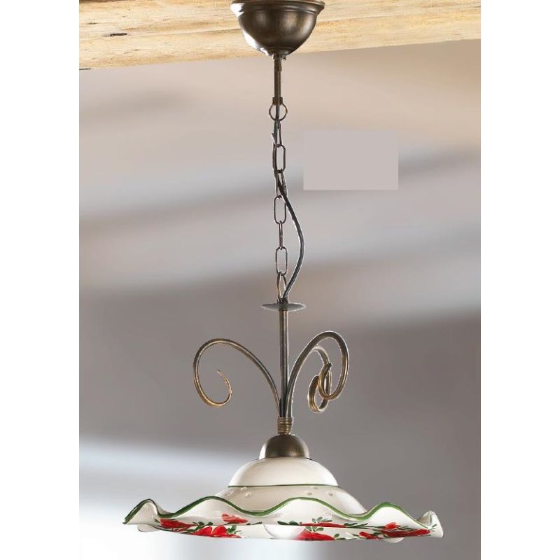 2214.1 SOSPENSIONE SINGOLA D40 CM IN METALLO RUGGINE CON DIFFUSORE IN TERRACOTTA DECORATA CON TULIPANI ROSSI MADE IN ITALY CRIST