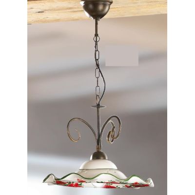 2214.1 SOSPENSIONE SINGOLA D40 CM IN METALLO RUGGINE CON DIFFUSORE IN TERRACOTTA DECORATA CON TULIPANI ROSSI MADE IN ITALY CRIST