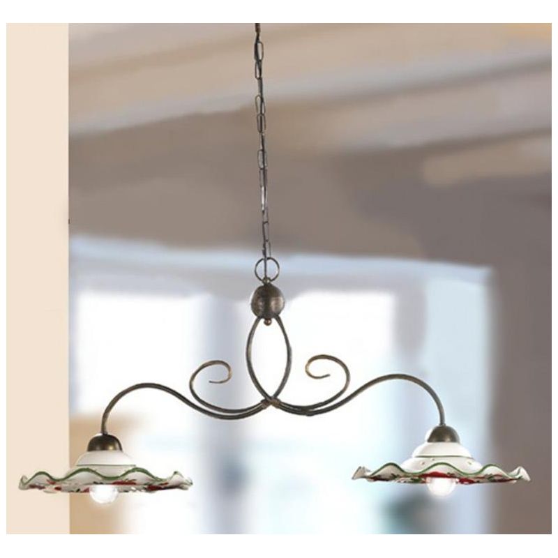 2214.2 LAMPADARIO A 2 LUCI IN METALLO RUGGINE CON DIFFUSORI IN TERRACOTTA DECORATA CON TULIPANI ROSSI MADE IN ITALY CRISTALENSI
