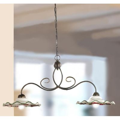 2214.2 LAMPADARIO A 2 LUCI IN METALLO RUGGINE CON DIFFUSORI IN TERRACOTTA DECORATA CON TULIPANI ROSSI MADE IN ITALY CRISTALENSI