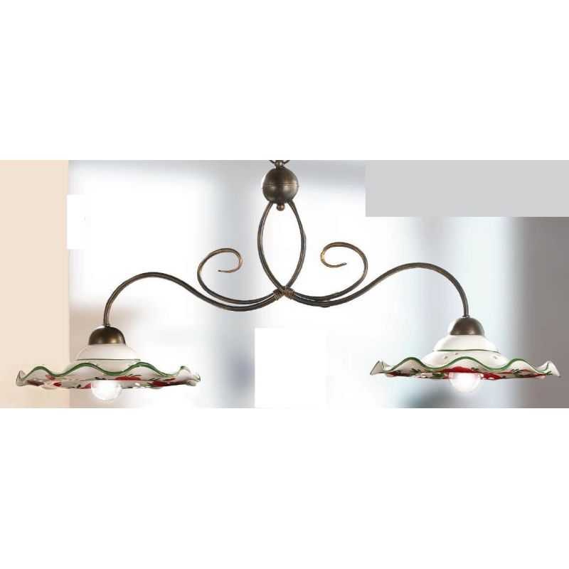 2214.2 LAMPADARIO A 2 LUCI IN METALLO RUGGINE CON DIFFUSORI IN TERRACOTTA DECORATA CON TULIPANI ROSSI MADE IN ITALY CRISTALENSI