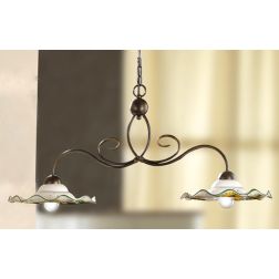 2213.2 LAMPADARIO A 2 LUCI IN METALLO RUGGINE CON DIFFUSORI IN TERRACOTTA DECORATA CON GIRASOLI MADE IN ITALY CRISTALENSI CERAMI