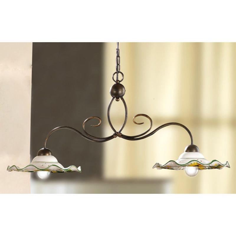 2213.2 LAMPADARIO A 2 LUCI IN METALLO RUGGINE CON DIFFUSORI IN TERRACOTTA DECORATA CON GIRASOLI MADE IN ITALY CRISTALENSI CERAMI