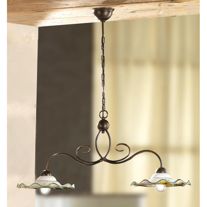 2213.2 LAMPADARIO A 2 LUCI IN METALLO RUGGINE CON DIFFUSORI IN TERRACOTTA DECORATA CON GIRASOLI MADE IN ITALY CRISTALENSI CERAMI