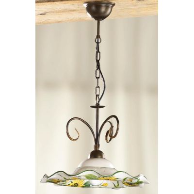 2213.1 SOSPENSIONE SINGOLA IN METALLO RUGGINE CON DIFFUSORE IN TERRACOTTA DECORATA CON GIRASOLI MADE IN ITALY CRISTALENSI CERAMI