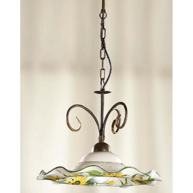 2213.1 SOSPENSIONE SINGOLA IN METALLO RUGGINE CON DIFFUSORE IN TERRACOTTA DECORATA CON GIRASOLI MADE IN ITALY CRISTALENSI CERAMI