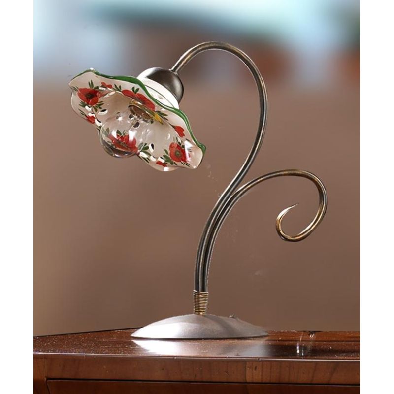 2214.L LAMPADA DA TAVOLO IN METALLO FINITURA RUGGINE CON DIFFUSORE IN TERRACOTTA DECORATA CON TULIPANI ROSSI MADE IN ITALY CRIST