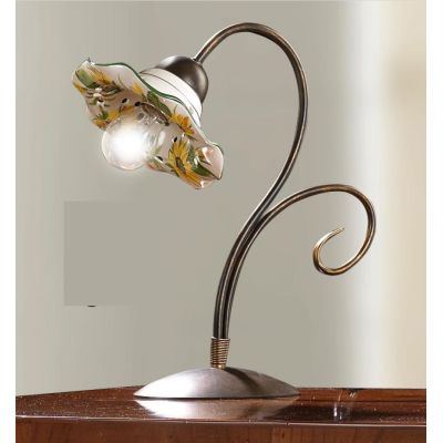 2213.L LAMPADA DA TAVOLO IN METALLO RUGGINE CON DIFFUSORE IN TERRACOTTA DECORATA CON GIRASOLI MADE IN ITALY CRISTALENSI CERAMICA