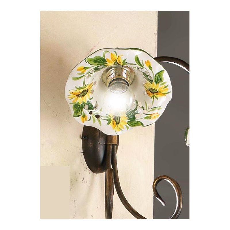 2213.L LAMPADA DA TAVOLO IN METALLO RUGGINE CON DIFFUSORE IN TERRACOTTA DECORATA CON GIRASOLI MADE IN ITALY CRISTALENSI CERAMICA