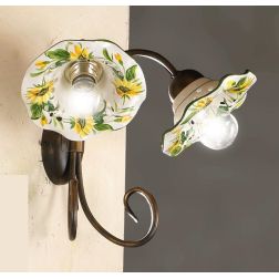 2213.A2 APPLIQUE 2 LUCI IN METALLO RUGGINE CON DIFFUSORI IN TERRACOTTA DECORATA CON GIRASOLI MADE IN ITALY CRISTALENSI CERAMICA