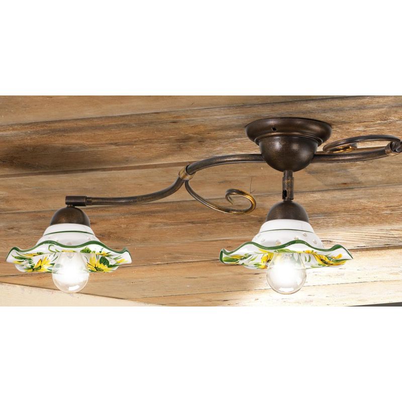 2213.3 PLAFONIERA 3 LUCI IN METALLO RUGGINE CON DIFFUSORI IN TERRACOTTA DECORATA CON GIRASOLI MADE IN ITALY CRISTALENSI CERAMICA