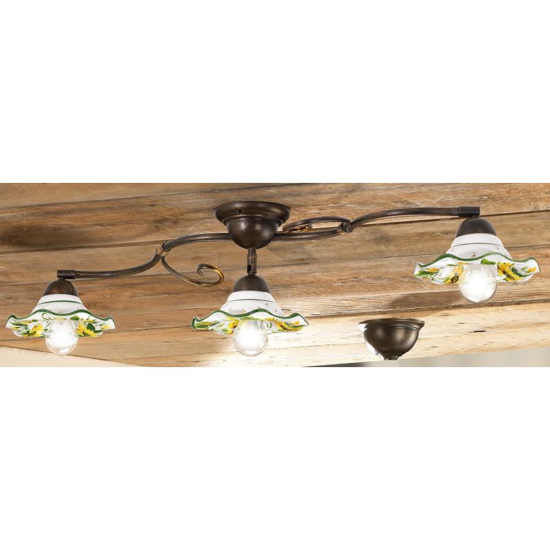 2213.3 PLAFONIERA 3 LUCI IN METALLO RUGGINE CON DIFFUSORI IN TERRACOTTA DECORATA CON GIRASOLI MADE IN ITALY CRISTALENSI CERAMICA