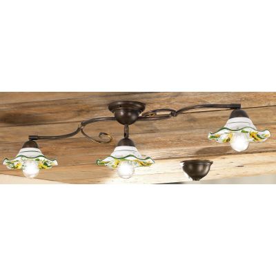 2213.3 PLAFONIERA 3 LUCI IN METALLO RUGGINE CON DIFFUSORI IN TERRACOTTA DECORATA CON GIRASOLI MADE IN ITALY CRISTALENSI CERAMICA