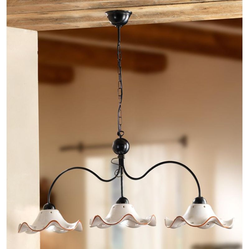 2215.3 LAMPADARIO 3 LUCI IN METALLO NERO CON DIFFUSORI IN TERRACOTTA BIANCA CON DECORI FLOREALI MADE IN ITALY CRISTALENSI CERAMI