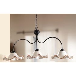 2215.3 LAMPADARIO 3 LUCI IN METALLO NERO CON DIFFUSORI IN TERRACOTTA BIANCA CON DECORI FLOREALI MADE IN ITALY CRISTALENSI CERAMI