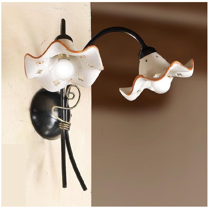 2215.A2 APPLIQUE 2 LUCI IN METALLO NERO CON DIFFUSORI IN TERRACOTTA BIANCA CON DECORI FLOREALI MADE IN ITALY CRISTALENSI CERAMIC