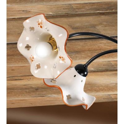 2215.L LAMPADA DA TAVOLO RUSTICA IN METALLO NERO CON DIFFUSORE IN TERRACOTTA BIANCA CON DECORI FLOREALI MADE IN ITALY CRISTALENS