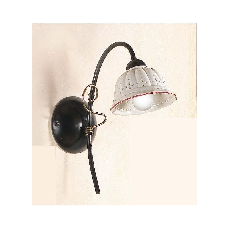 2216.A APPLIQUE RUSTICA IN METALLO NERO CON DIFFUSORE IN TERRACOTTA BIANCA TRAFORATA BORDO DECORATO MADE IN ITALY CRISTALENSI CE