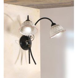 2216.A2 APPLIQUE A 2 LUCI RUSTICA IN METALLO NERO CON DIFFUSORI IN TERRACOTTA BIANCA TRAFORATA BORDO DECORATO MADE IN ITALY CRIS