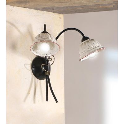 2216.A2 APPLIQUE A 2 LUCI RUSTICA IN METALLO NERO CON DIFFUSORI IN TERRACOTTA BIANCA TRAFORATA BORDO DECORATO MADE IN ITALY CRIS