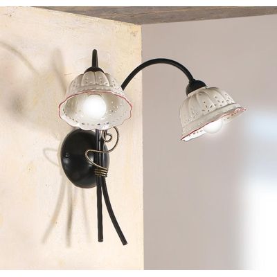 2216.A2 APPLIQUE A 2 LUCI RUSTICA IN METALLO NERO CON DIFFUSORI IN TERRACOTTA BIANCA TRAFORATA BORDO DECORATO MADE IN ITALY CRIS