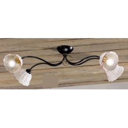 2216.4 PLAFONIERA 4 LUCI RUSTICA IN METALLO NERO CON DIFFUSORI IN TERRACOTTA BIANCA TRAFORATA BORDO DECORATO MADE IN ITALY CRIST