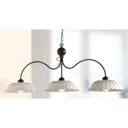 2216.3 LAMPADARIO 3 LUCI RUSTICO IN METALLO NERO CON DIFFUSORI IN TERRACOTTA BIANCA TRAFORATA BORDO DECORATO MADE IN ITALY CRIST