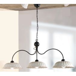 2216.3 LAMPADARIO 3 LUCI RUSTICO IN METALLO NERO CON DIFFUSORI IN TERRACOTTA BIANCA TRAFORATA BORDO DECORATO MADE IN ITALY CRIST 2