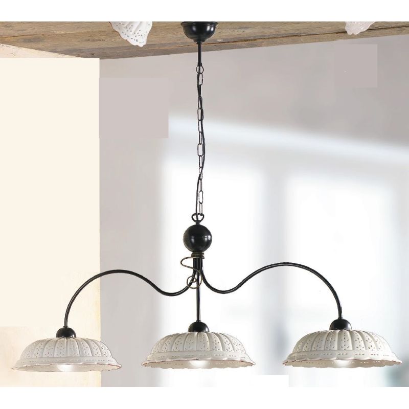 2216.3 LAMPADARIO 3 LUCI RUSTICO IN METALLO NERO CON DIFFUSORI IN TERRACOTTA BIANCA TRAFORATA BORDO DECORATO MADE IN ITALY CRIST