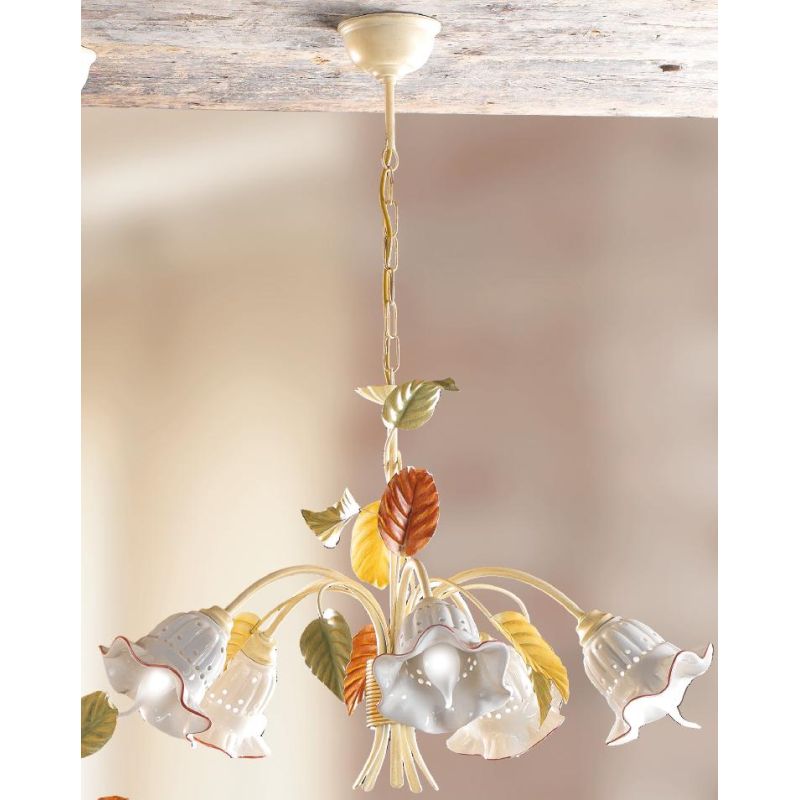 2205.5 LAMPADARIO A 5 LUCI AVORIO CON DIFFUSORI IN CERAMICA TRAFORATA STILE RUSTICO MADE IN ITALY CRISTALENSI CERAMICA - Cristal