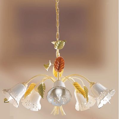 2206.5 LAMPADARIO A 5 LUCI AVORIO CON PARALUMI IN CERAMICA TRAFORATA STILE RUSTICO MADE IN ITALY CRISTALENSI CERAMICA - Cristale