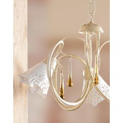 2207.3 LAMPADARIO 3 LUCI AVORIO CON PARALUMI IN CERAMICA BIANCA TRAFORATA E GOCCE IN VETRO DI MURANO MADE IN ITALY CRISTALENSI C 2